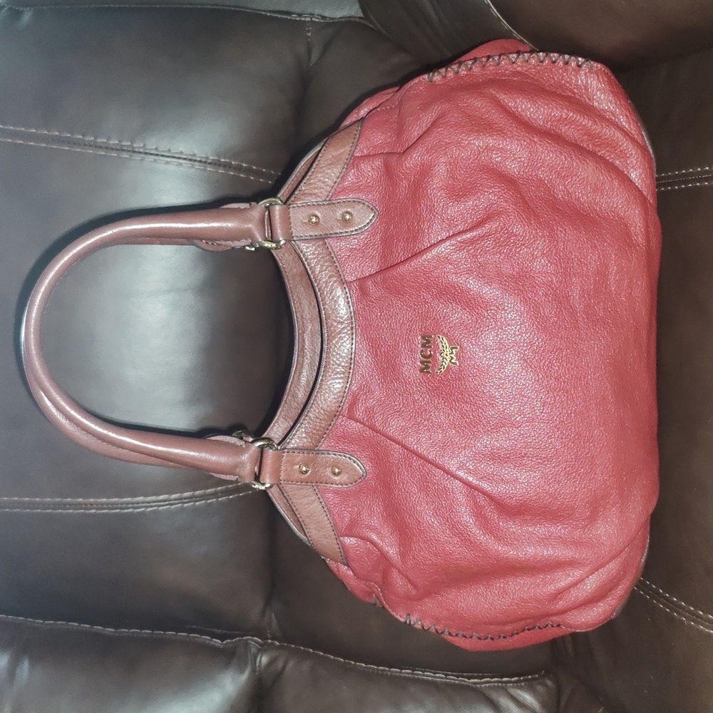 MCM Tote Bag Calf Leather Red